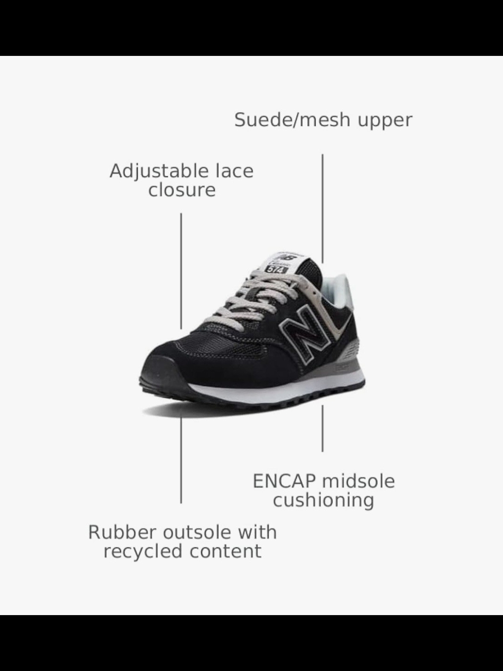 Womens New Balance Black & White 574 Retro Runner Size 8.5 Excellent Condition - Picture 3 of 6